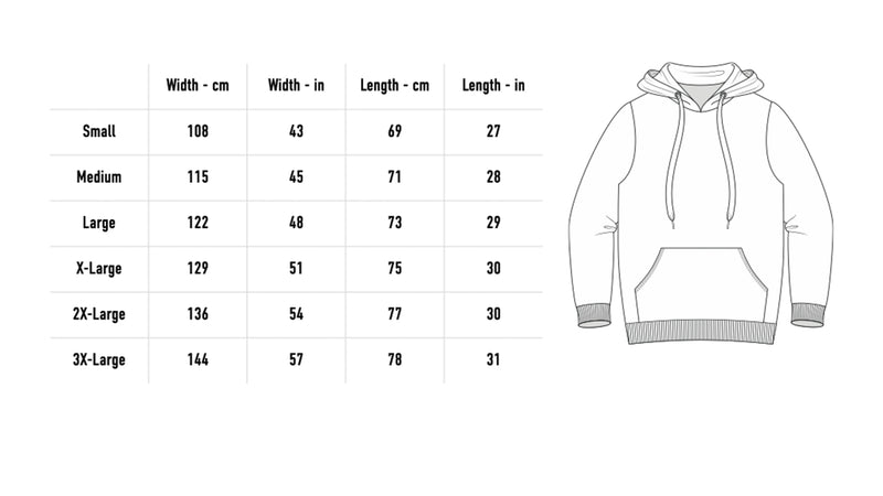 Size chart for Angel Bat Hoodie - Black